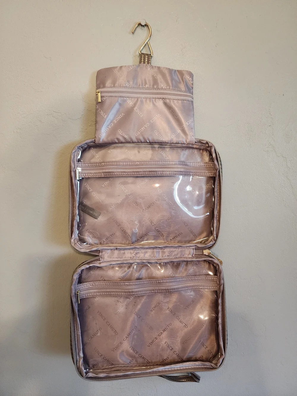 Vince Camuto Metallic Taupe Woven Toiletry Travel Tote